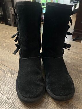 UGG Black Suede Mid-Calf Bow Back Winter Boots